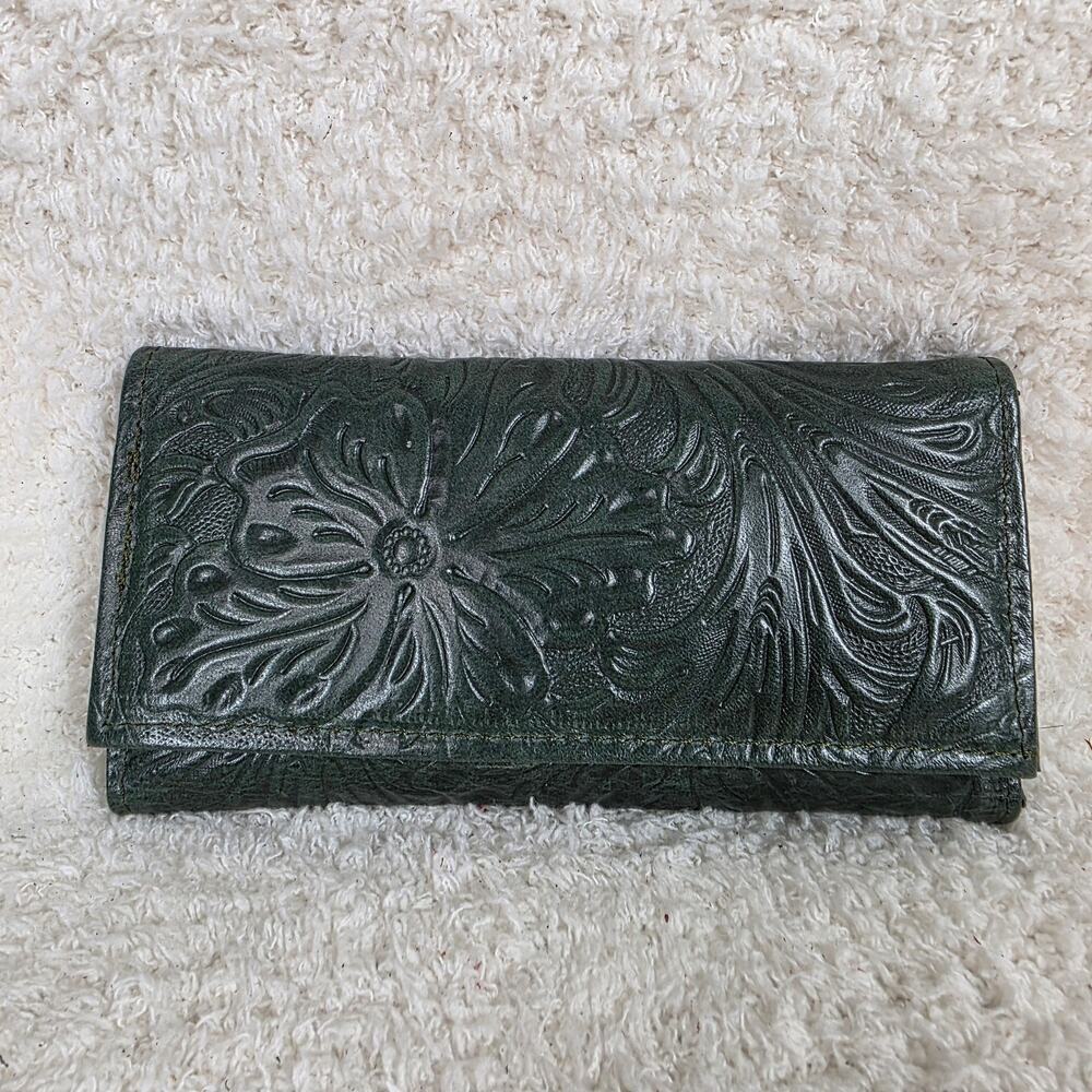 Mexican Handmade Forest Green Floral Embossed Leather Tri-fold Wallet